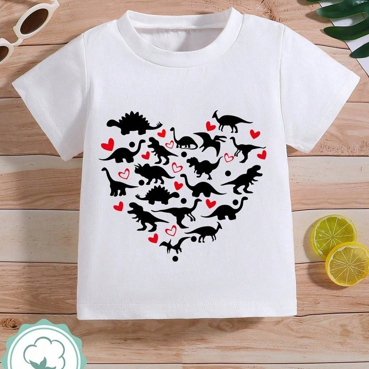 Camiseta de manga curta infantil masculina com estampa de dinossauro para o Dia dos Namorados