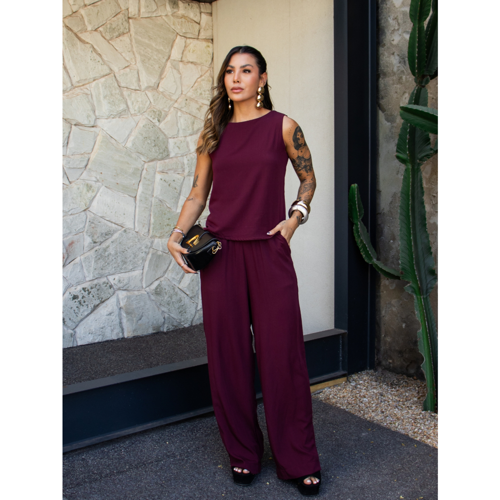 Conjunto Feminino 2 Peças Calça Pantalona Blusa Regata Viscolinho Confortável P ao GG