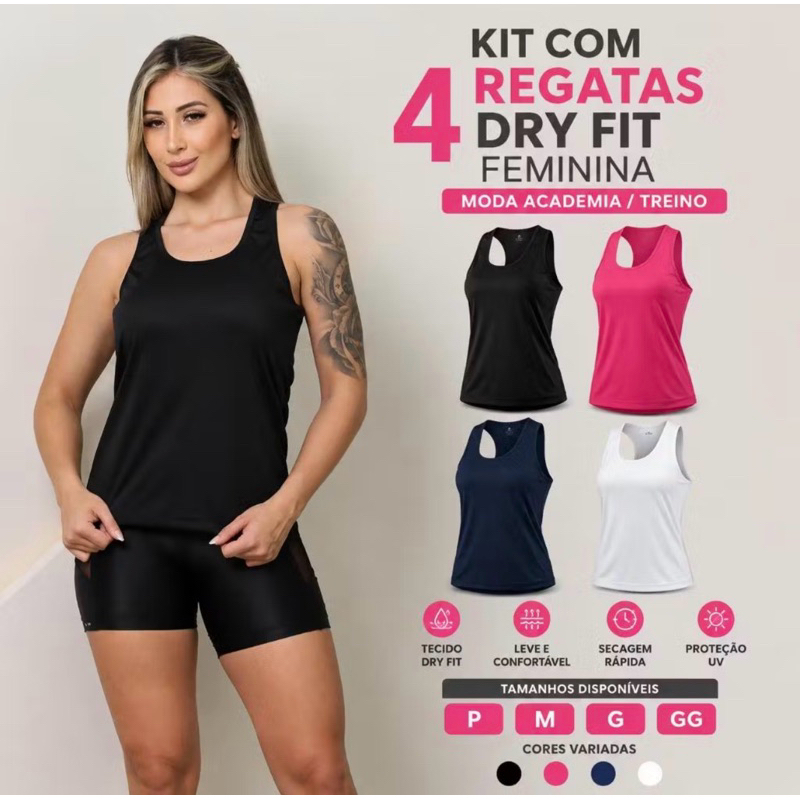KIT 4 Regata Dry Fit Feminina Academia Costas Nadador Esportiva Confortável Lisa Treino Fitness Leve Treino Corrida