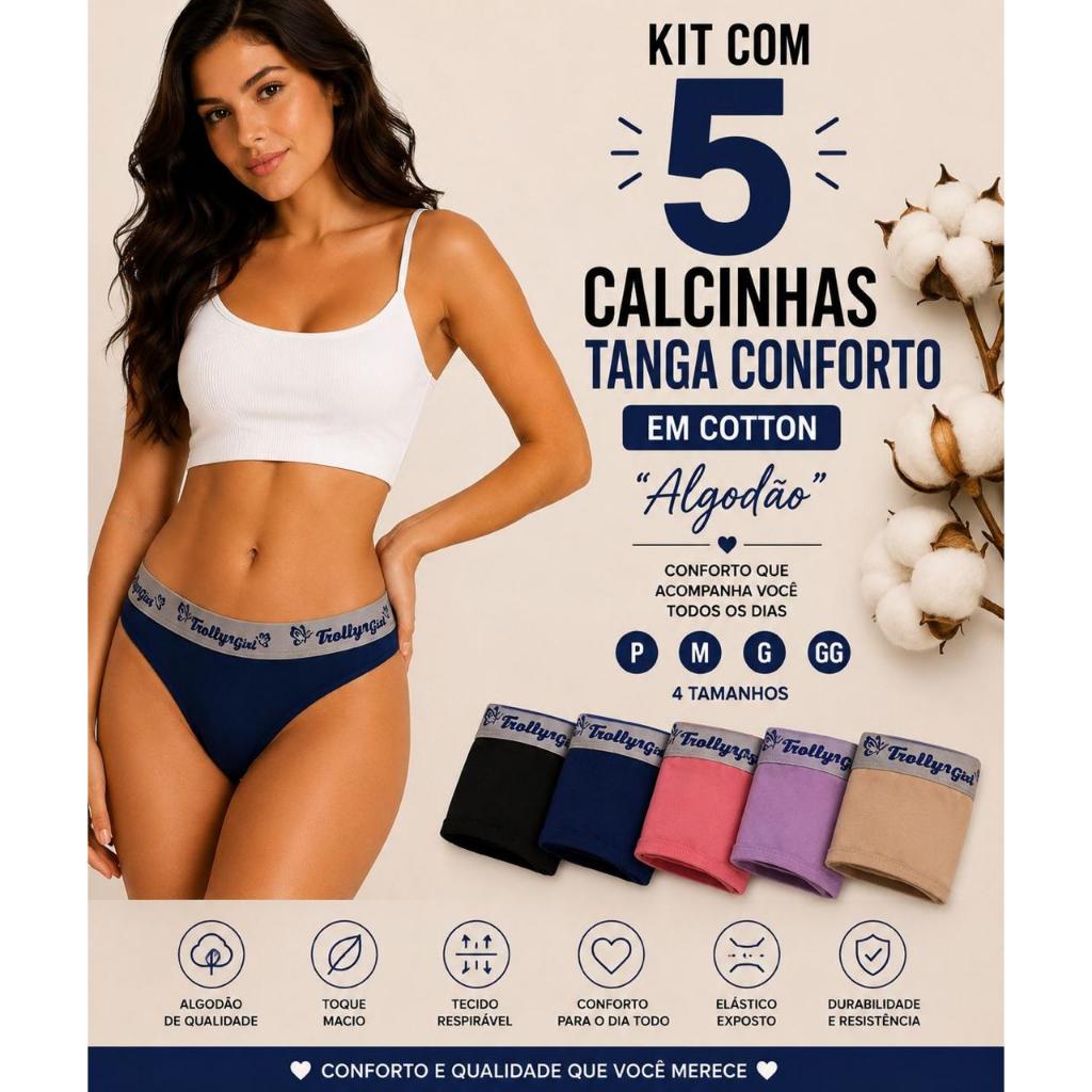Kit c/5 de Calcinhas Cintura Média em Cotton Algodão Elástico Estilizado