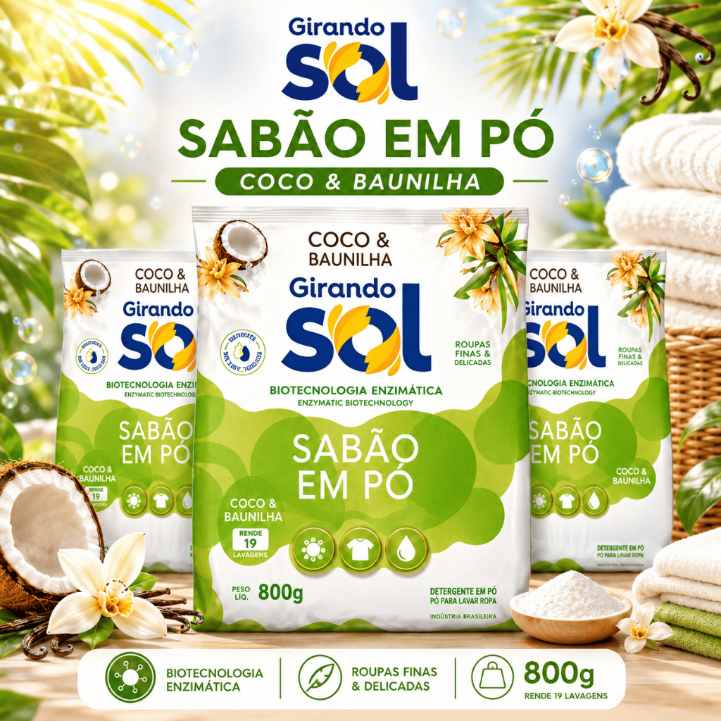 Sabão em Pó 800g Girando Sol Coco e Baunilha Perfumado Lava Roupas Tira Manchas Kit 1,2 e 4 Unidades