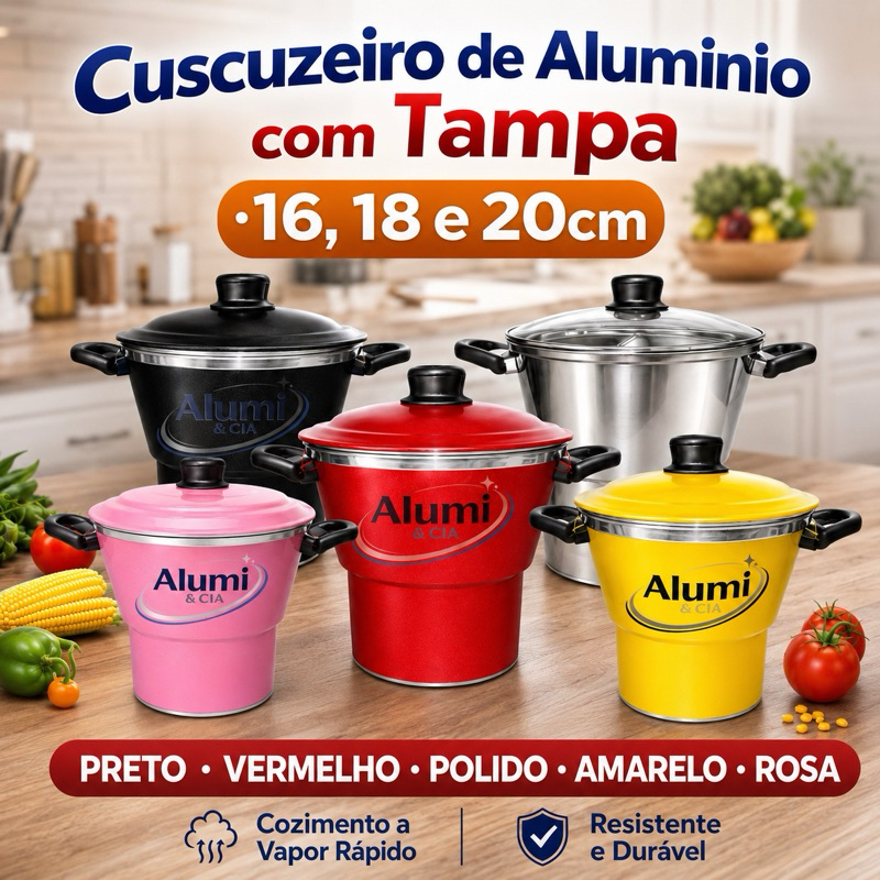 Cuscuzeiro Individual de Alumínio com Tampa 16, 18 e 20cm – Preto, Vermelho, Amarelo, Rosa e Polido | Cozimento a Vapor