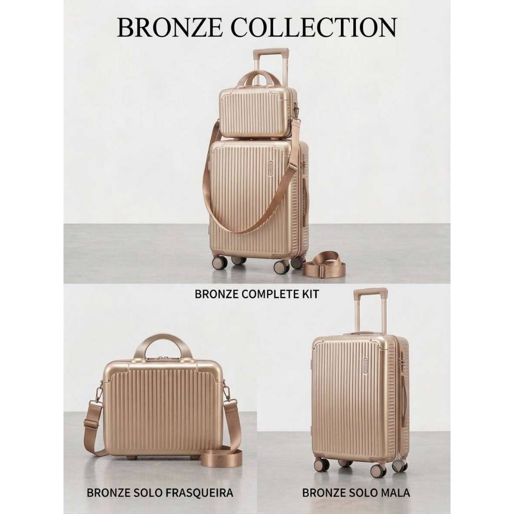 Mala De Viagem 10 KG 55x35x25cm Ziper Extensível 4 Roda Gira 360 Grau Fibra + Frasqueira
