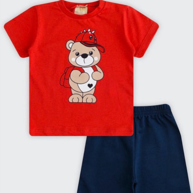 Conjunto Bebê Menino Ursinho Blusa Com Reforço E Short Confortável Tamanhos P Ao G