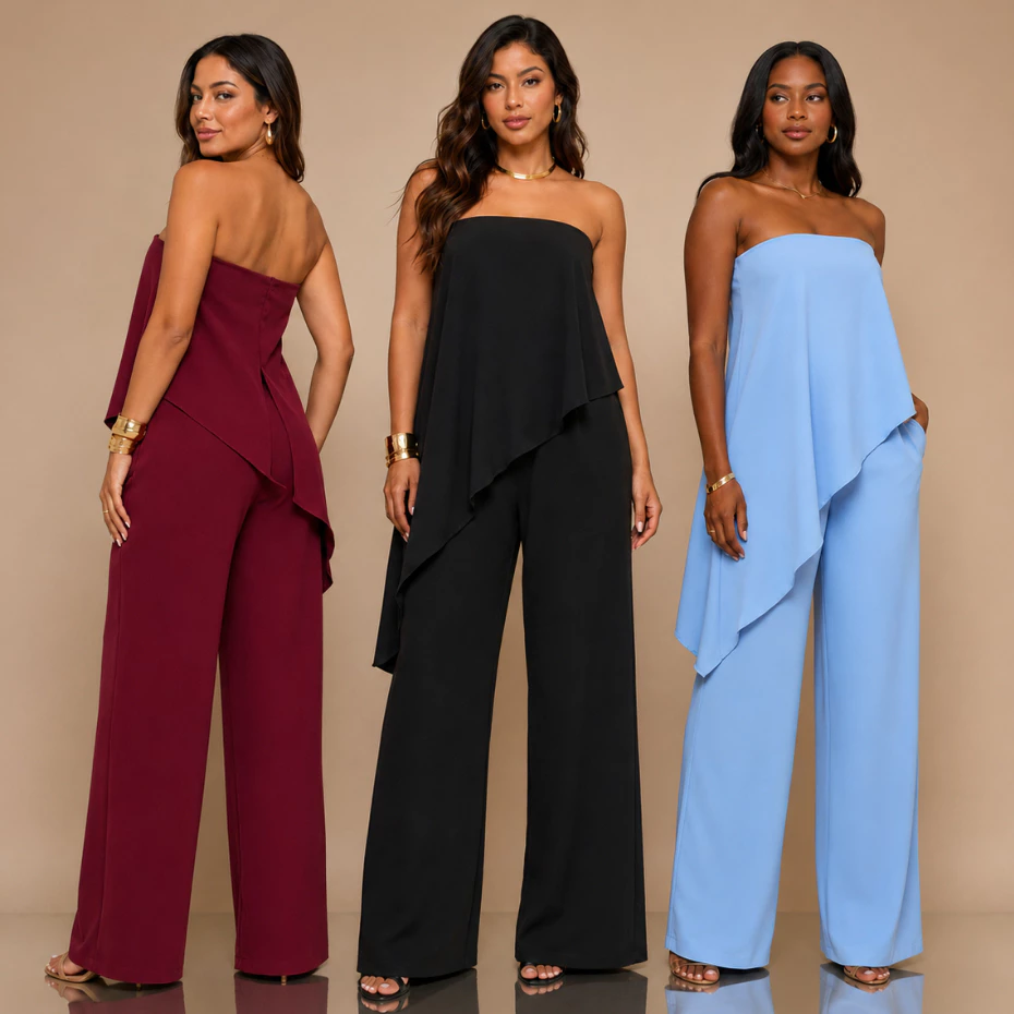 Macacão Feminino Longo Pantalona Elegante Premium Assimétrico Duna Tomara Que Caia Solto Alfaiataria Social Moda Casual´