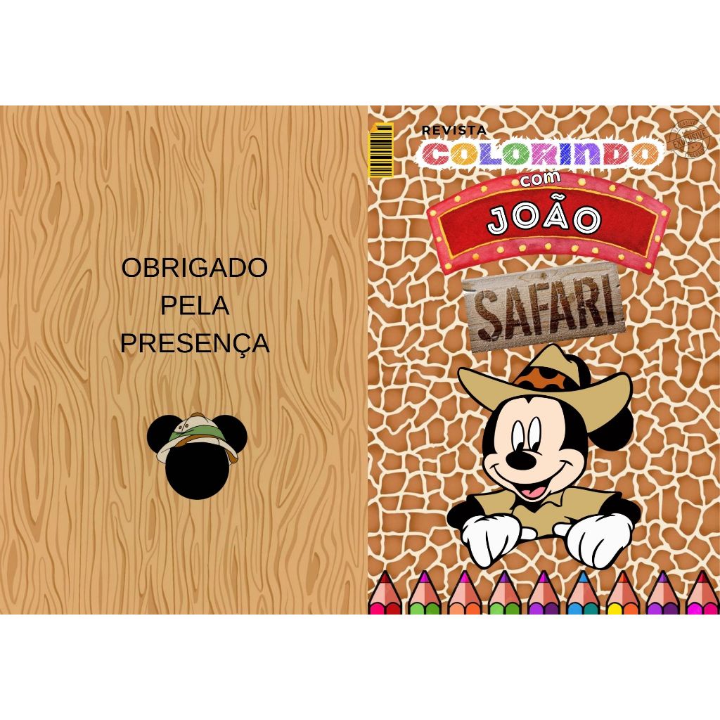 20 Revistinha de Colorir Personalizada Mickey Safari Lembrancinha Aniversário Infantil