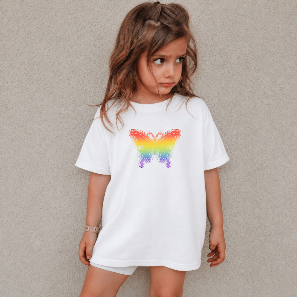 Camiseta Feminina 100% Algodão Infantil Estampado Desenho Borboleta Arco-Íris Colorido Degrade Brilho Blusa Confortável