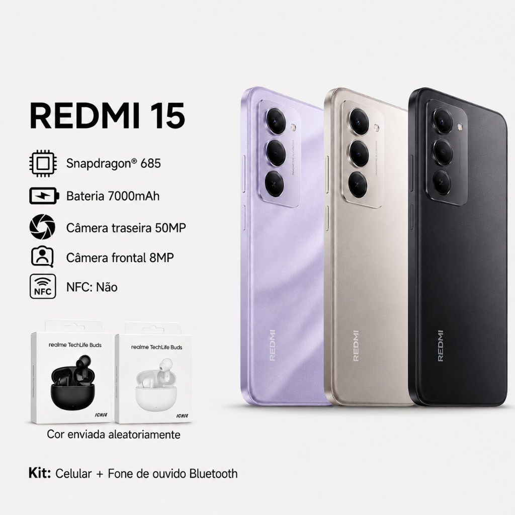 Xiaomi Redmi 15 4G+ Realme Techlife Buds, Processador Snapdragon® 685, Câmera 50