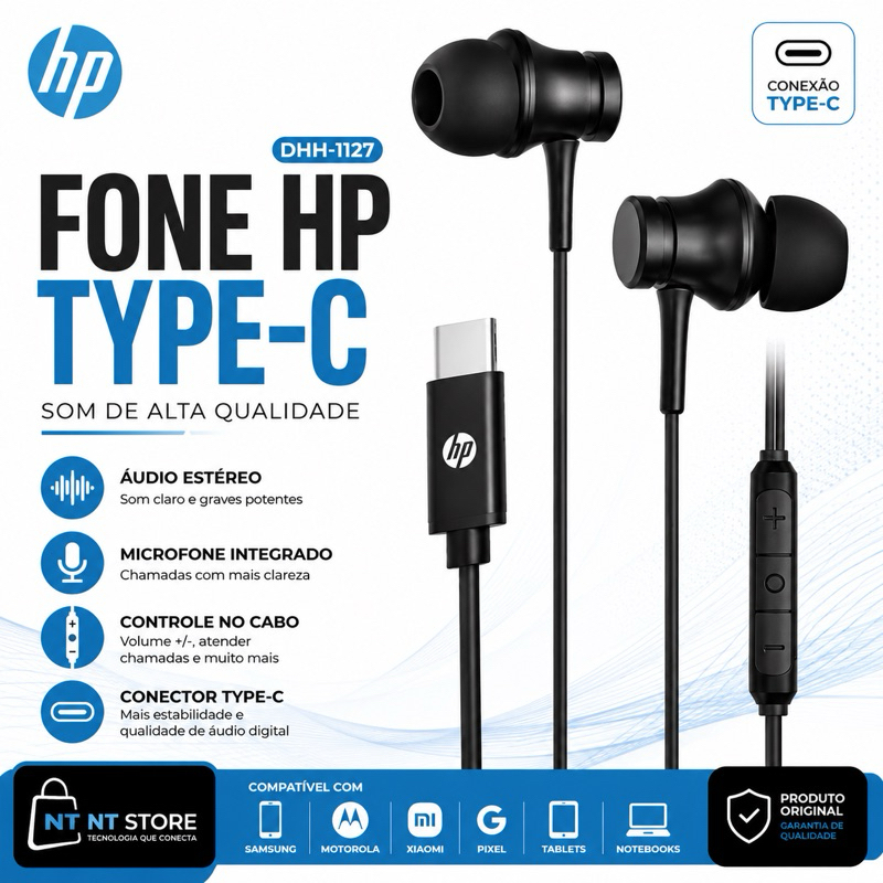 Fone De Ouvido HP DHH-1127 Type-C USB-C Com Microfone Controle De Volume Para Sa