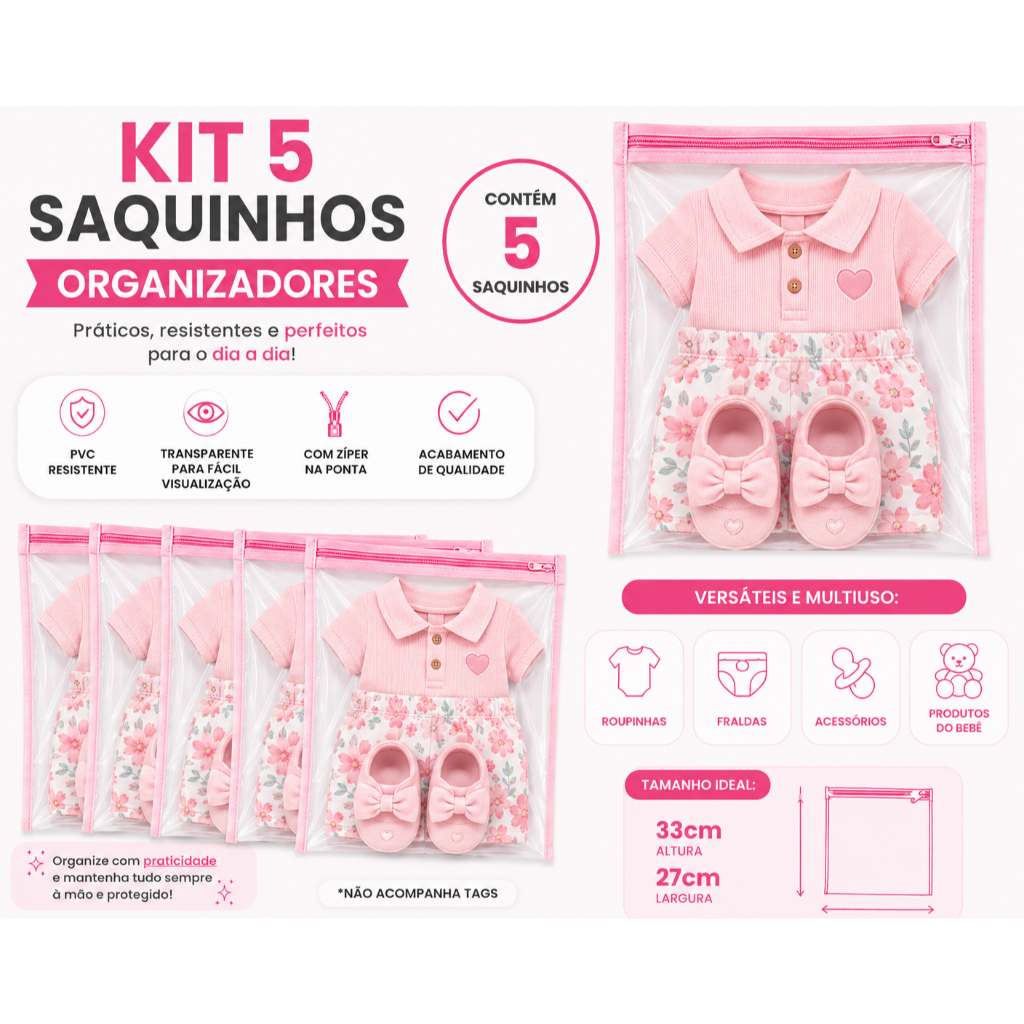 Kit 5 Saquinho Saco Maternidade Bebê Organizador Menino Menina