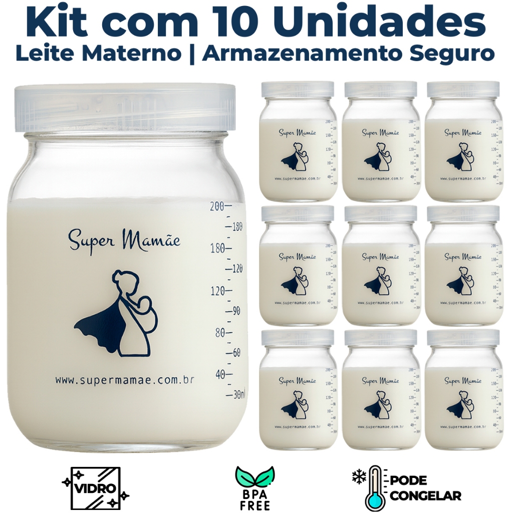 Kit com 10 Potes de Vidro para Armazenar Leite Materno 200ml Com Graduação