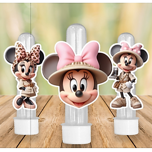 30 Apliques para Tubete Doces Bolo - Tema MINNIE ROSA SAFARI -  Lembrancinhas Divertidas para Sua Festas