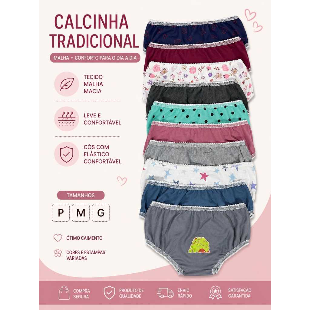 Kit 10 Calcinhas Infantil Malha Estampada Feminina Calcinha Desfralde Confortável