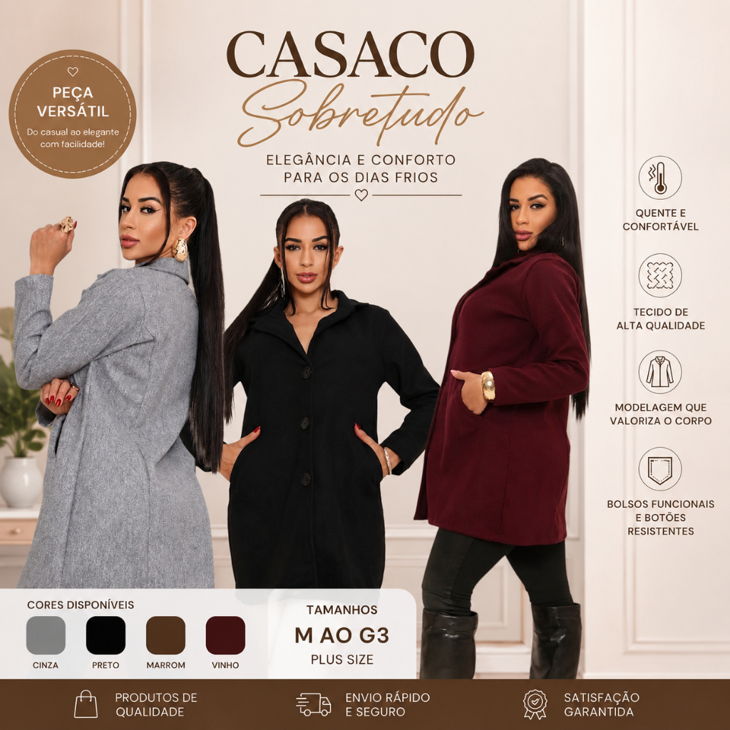 Casaco Sobretudo Feminino Elegante Lã Batida Inverno M G GG.