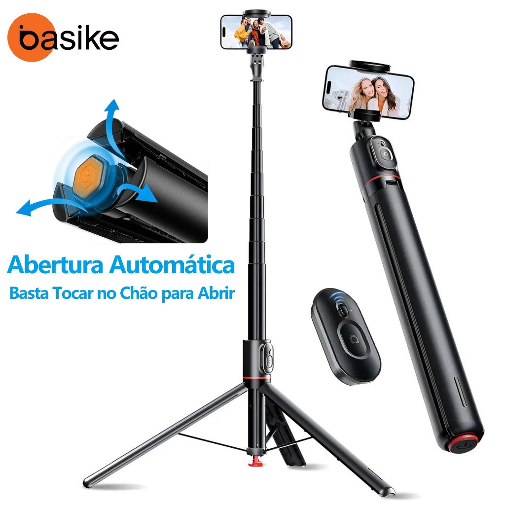 Tripé Selfie Basike 1,77m com Abertura Automática ao Tocar no Chão - Bastão de Alumínio com Controle Bluetooth para Vlog