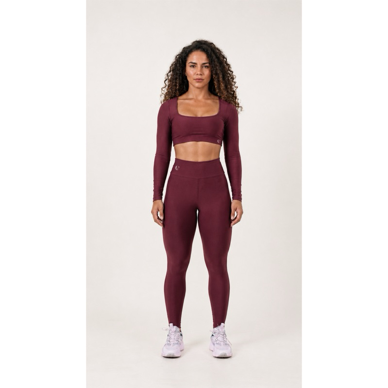 Conjunto Fitness Feminino Cropped Manga Longa e Calça Legging Cintura Alta