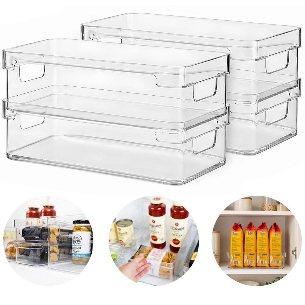 Kit 4 Organizador Multiuso de Armário 2,8L Dispensa Empilhavel Transparente Modular Cozinha Bandeja