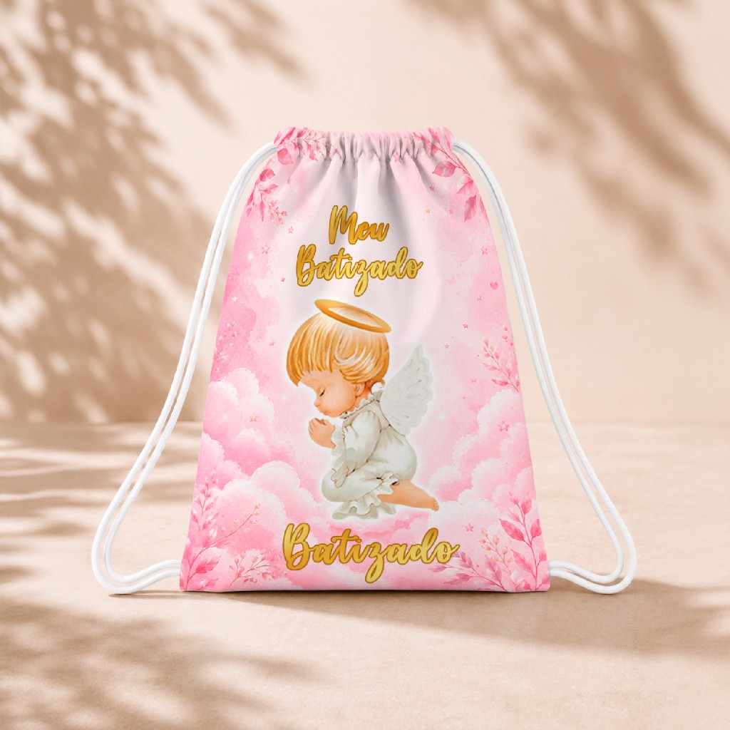 10 Mochila Personalizada Infantil 18x26 Sacolinhas Surpresa Festa Aniversário Lembrancinha Batizado Anjinho Aquarel Rosa
