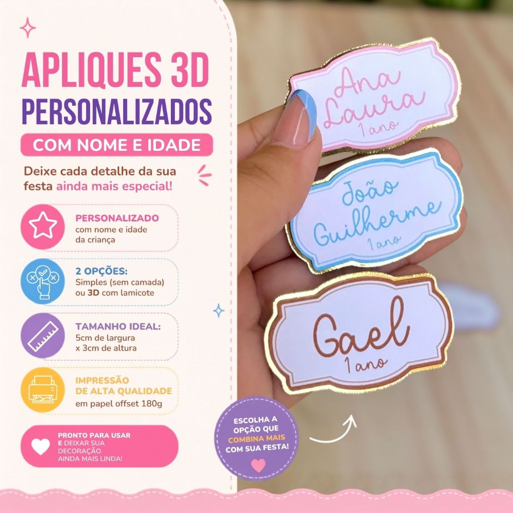 Aplique Personalizado com Nome e Idade 5x3cm | Simples ou 3D Lamicote | Lembrancinha Festa Infantil