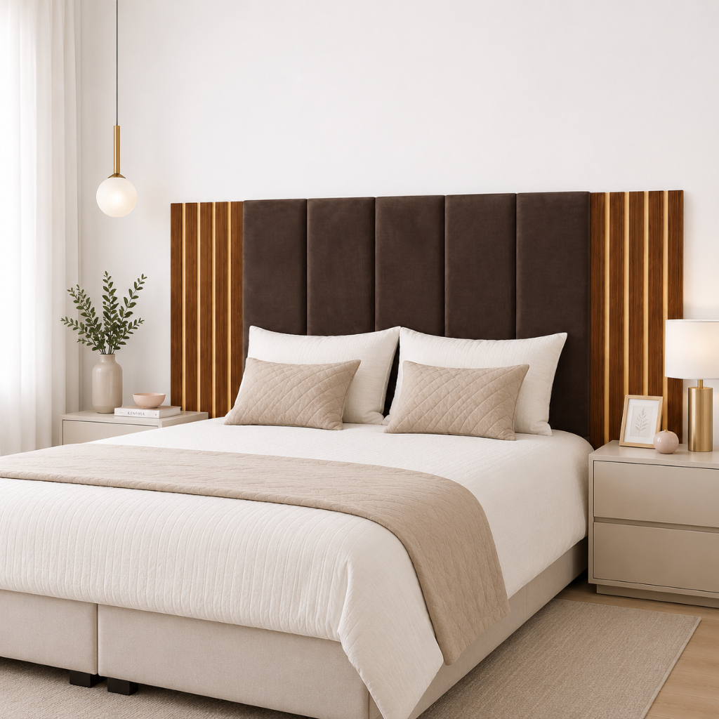 kit Cabeceira Estofada Modular Ripada Casal Solteiro Queen King MDF com Fita Dupla Face