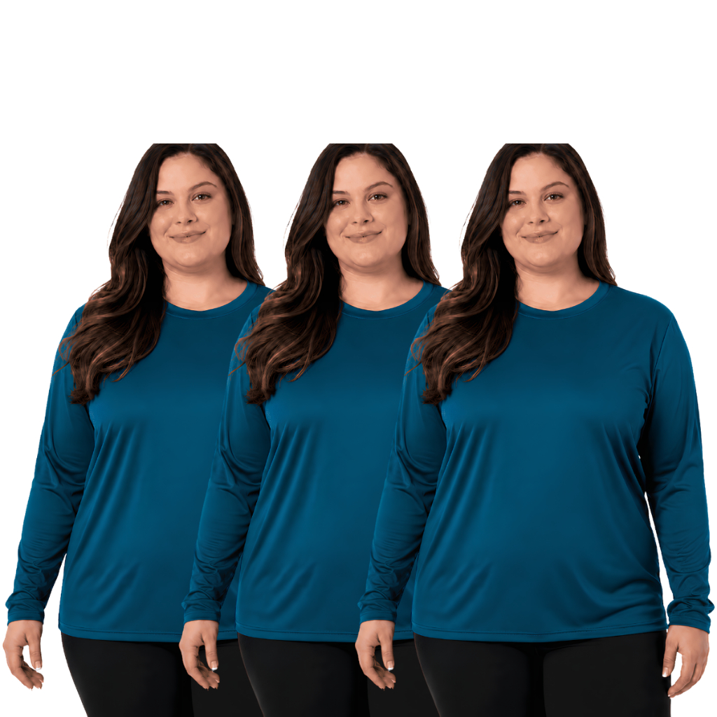 Kit 3 Camiseta Térmica Feminina Plus Size Manga Longa Segunda Pele Proteção UV 50+