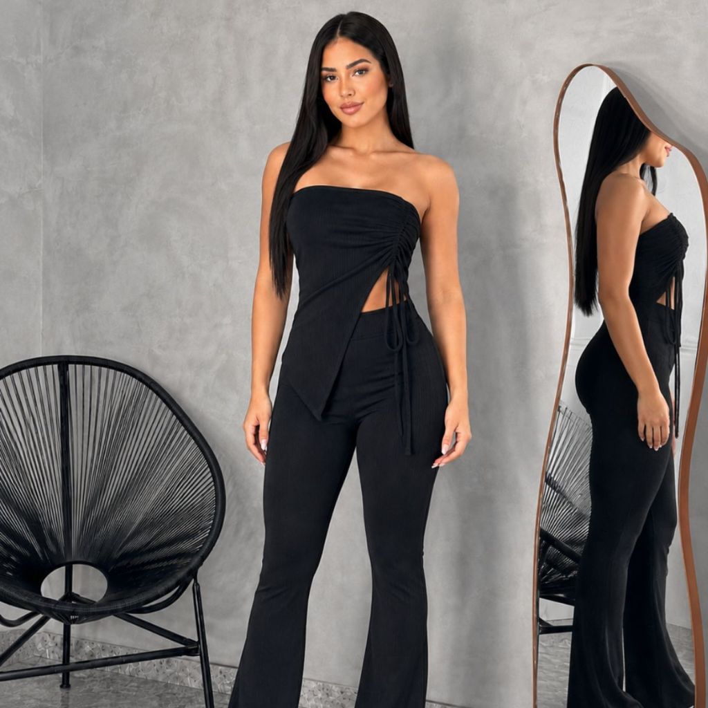 Conjunto Cropped  Blusa Tomara Que Caia Com Regulagem Calça Flare Bailarina Blogueira Moda Gringa