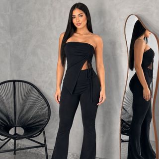 Conjunto Cropped  Blusa Tomara Que Caia Com Regulagem Calça Flare Bailarina Blogueira Moda Gringa
