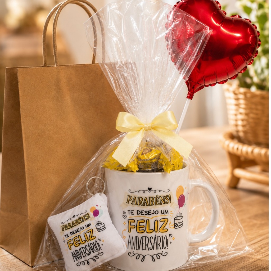 kit caneca mini cesta de chocolate com bombons presente aniversario namorado mae pai