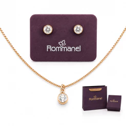 Conjunto Rommanel Ponto de Luz Colar Veneziana 40cm Zircônia + Brinco Cristal Folheado Ouro 18k Kit Presente