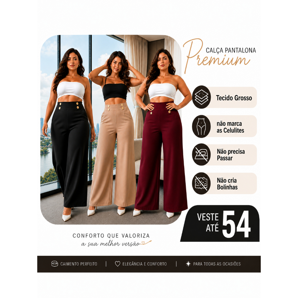 Calça Preta Plus Size Cintura Alta Calça Pantalona Flare Cos Alto Boca Larga De Sino Social Botões Bailarina