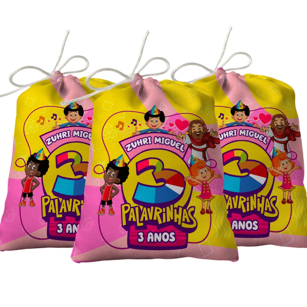 Sacolinha Lembrancinha Festa Aniversário Surpresa Tecido Personalizado Jesus 3 Palavrinhas