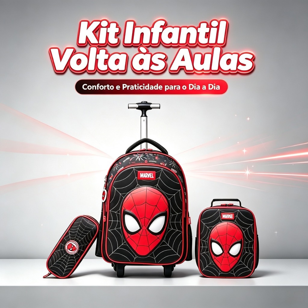Kit Mochila de Rodinhas Spider Man Lancheira Estojo Escolar Infantil