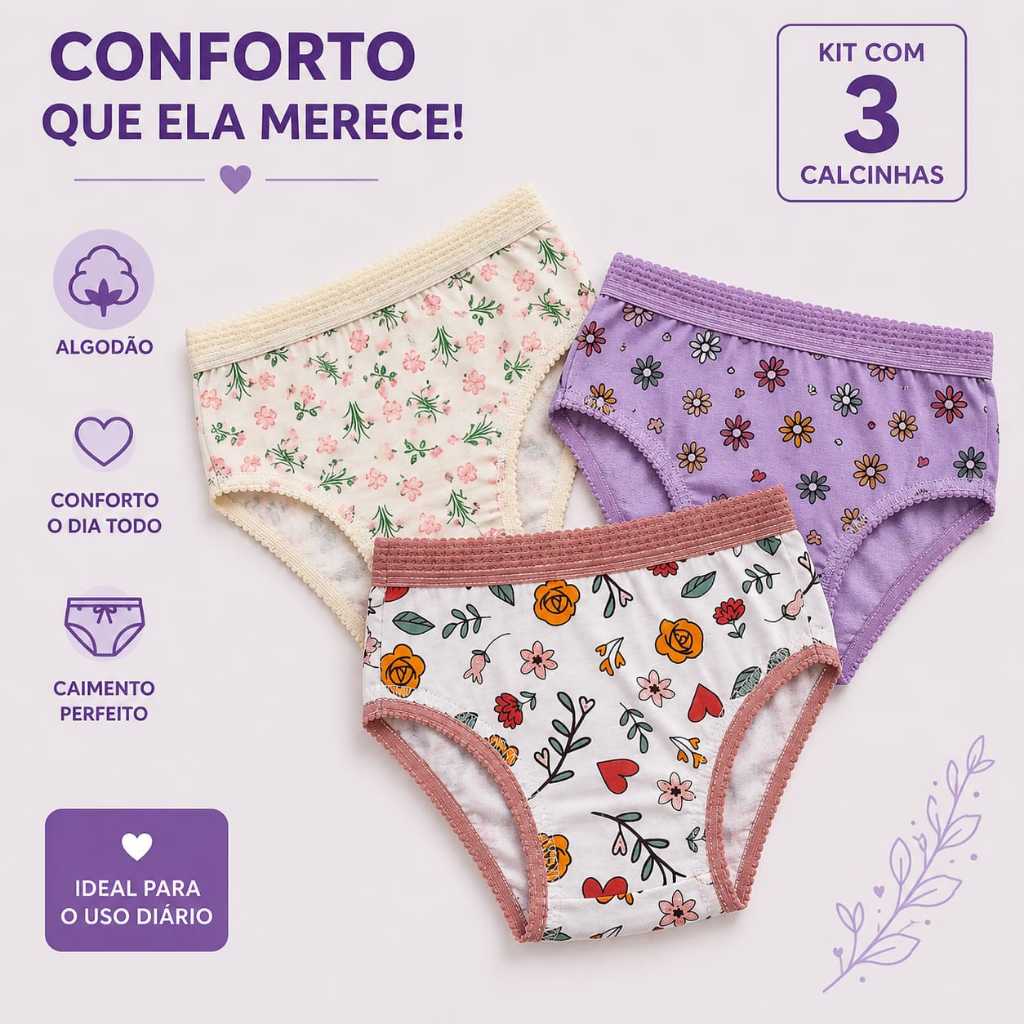 Kit 3 Calcinhas Infantil Menina  Estampadas de Algodão Cós Elástico