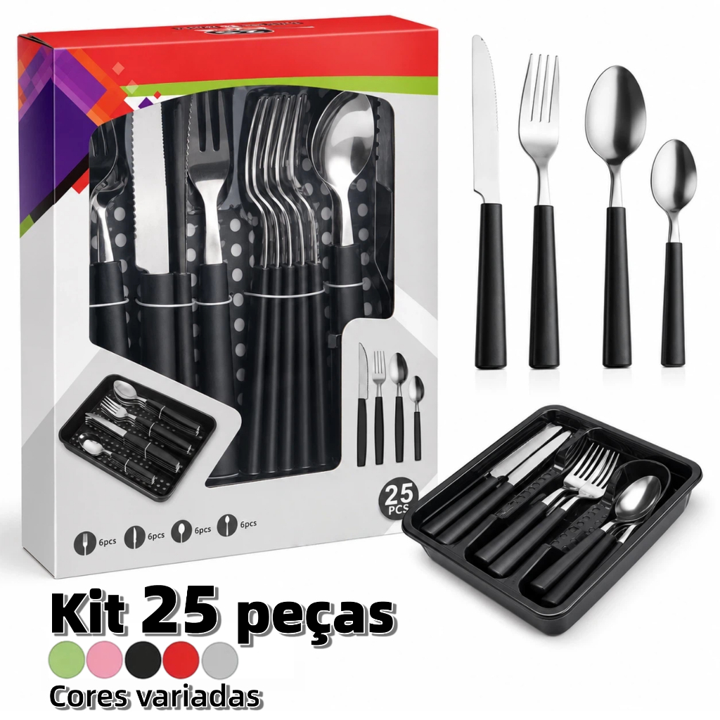 Jogo De Talheres Inox Com 25 Peças + Suporte Gaveteiro