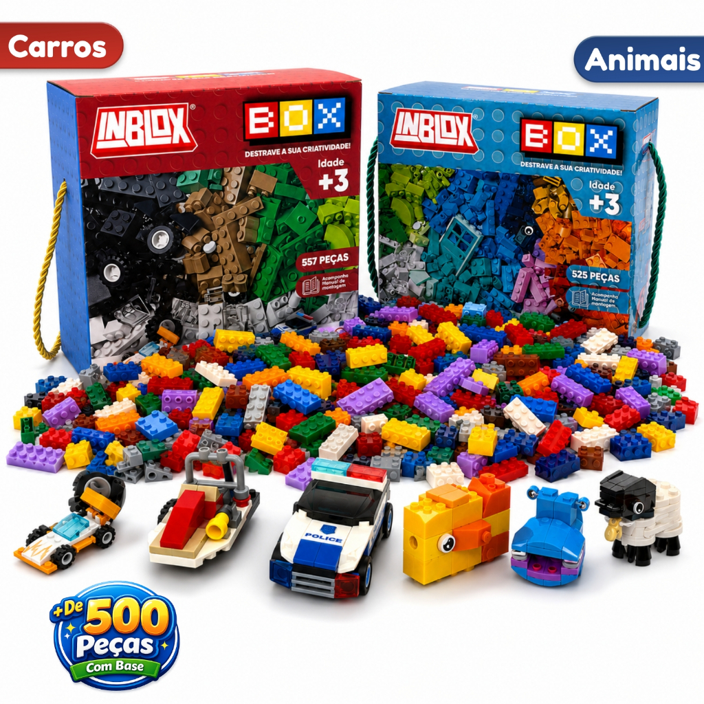 Kit Blocos de Montar Inblox 525 557 Peças Brinquedo Educativo Infantil de Encaixe Carros Animais Criativo Compatível