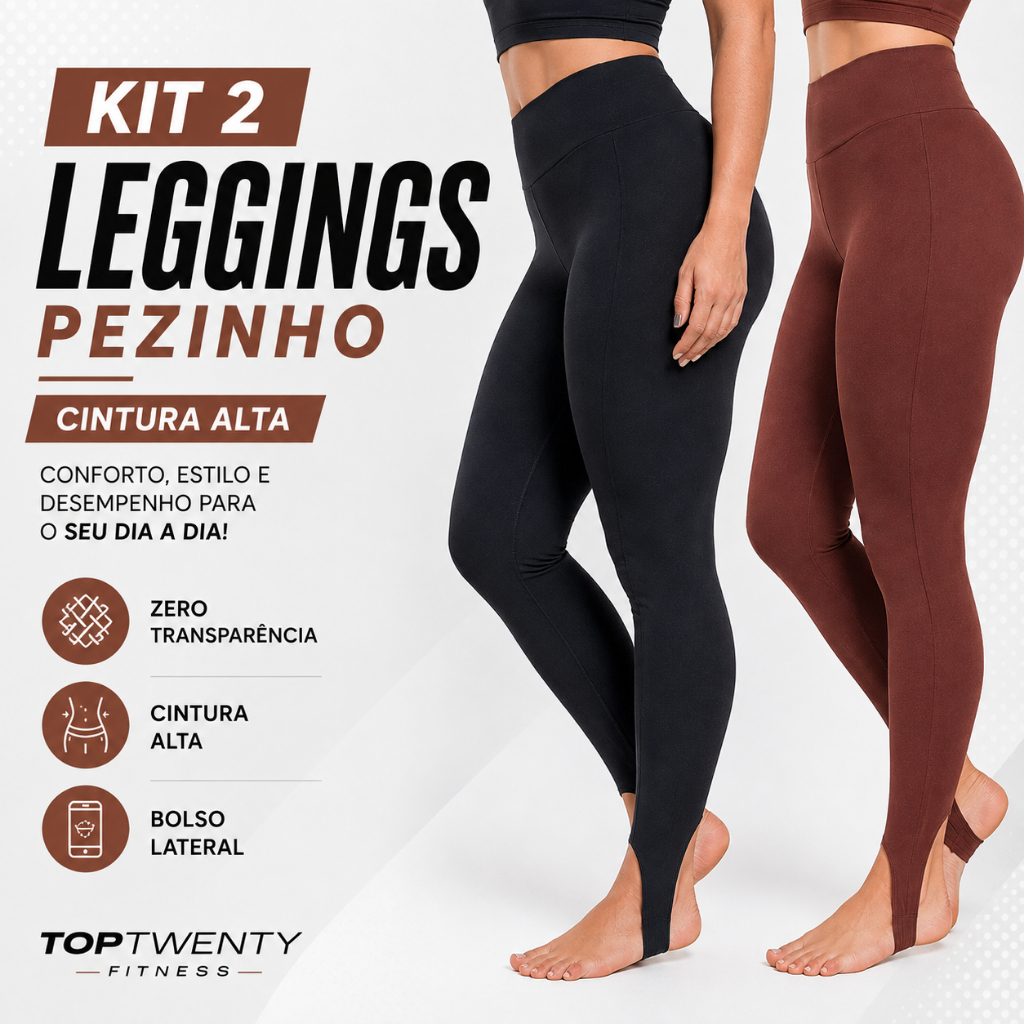 Kit 02 Calça Legging Feminina Leg Skinny de Pezinho Cintura Alta Suplex Zero Transparencia