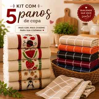 Kit 5 e 3 Panos de Prato Jacquard Felpudos 100% Algodão 65x75cm Alta Absorção Cozinha