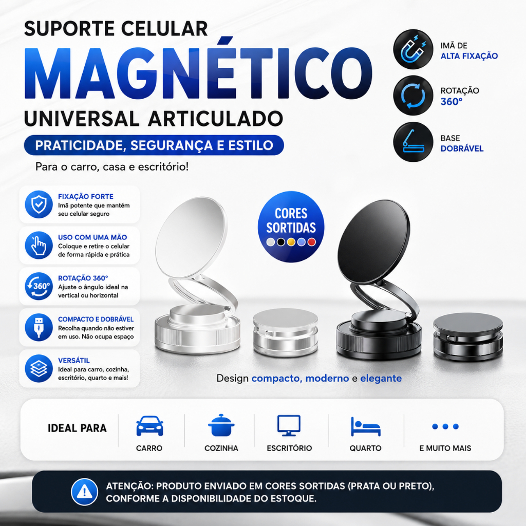 Suporte Celular Magnético Universal Veicular Rotação 360° Imã Forte Articulado Painel Carro Cores Sortidas