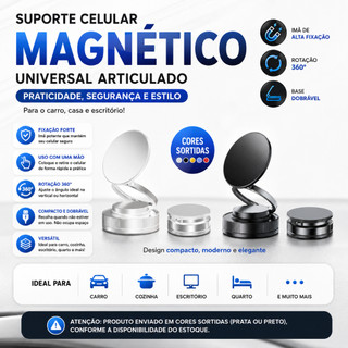 Suporte Celular Magnético Universal Veicular Rotação 360° Imã Forte Articulado Painel Carro Cores Sortidas