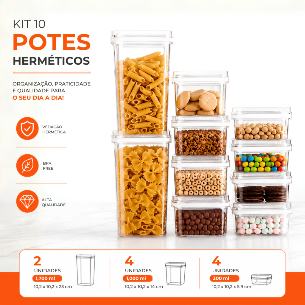 Kit Pote Hermético Transparente Com Vedação Branca De Acrílico Para Alimentos Porta Mantimentos Quadrado Luxo de Casa