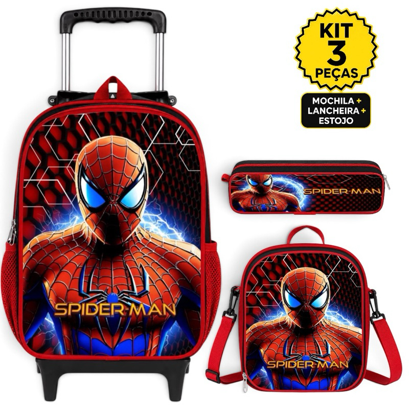 Kit Escolar Homem Aranha Menino Mochila Forro Interno + Lancheira Térmica + Estojo - Resistente