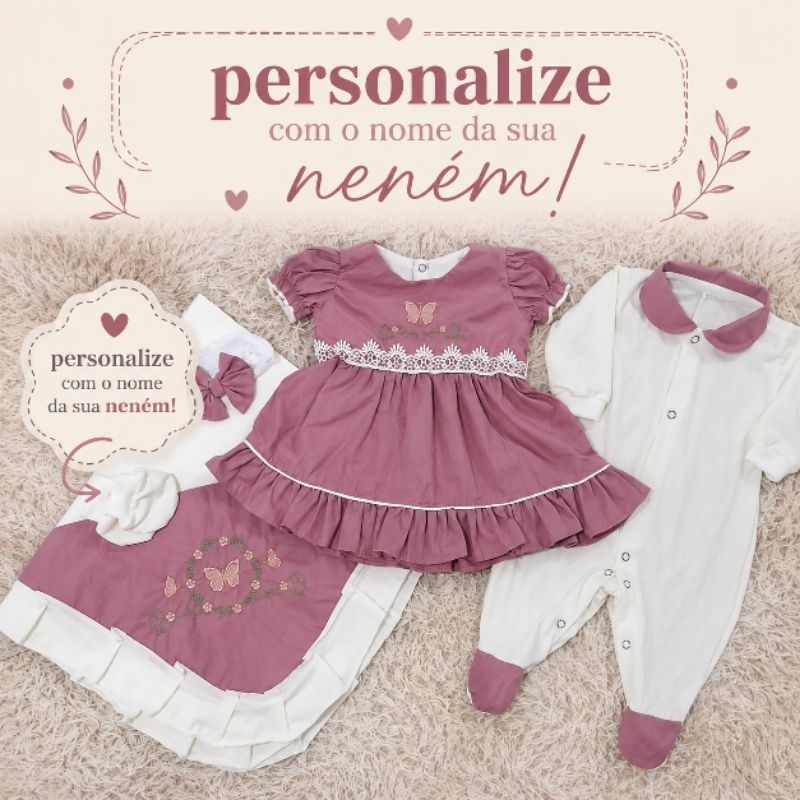 saída de maternidade lisa personalizada feminina luxo RN menina 5 peças