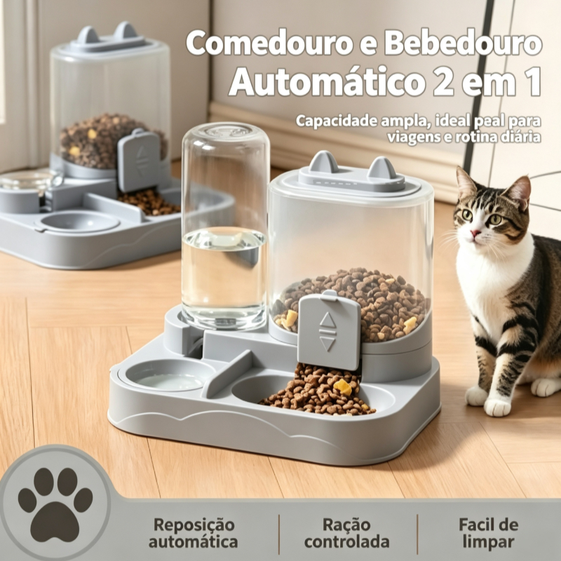 Alimentador Automático 2 em 1 para Pets, Comedouro com Bebedouro, Não Entope Ração, Água Reabastecimento Automático