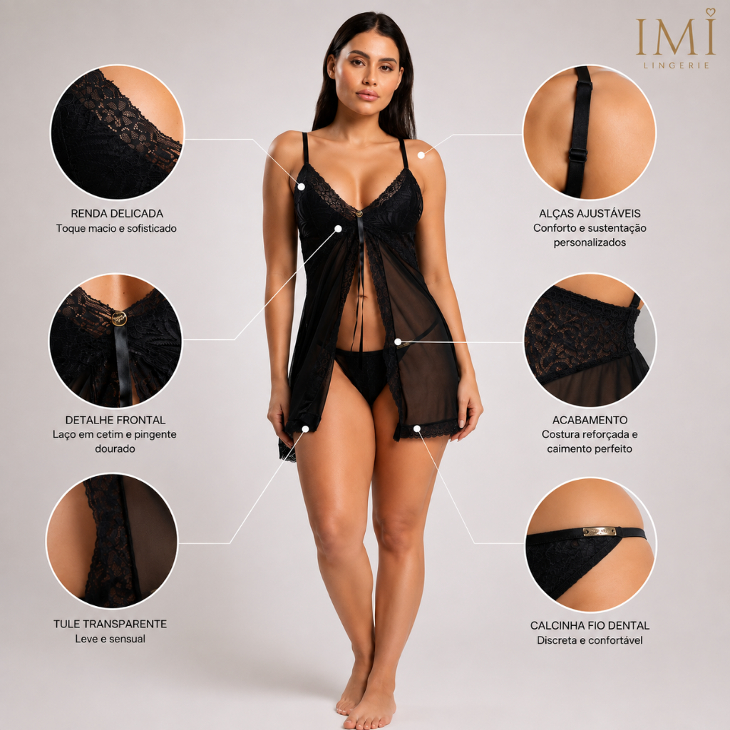 Camisola Louise D Encanto Sem Bojo Fenda Frontal e Calcinha Fio em Tule e Renda