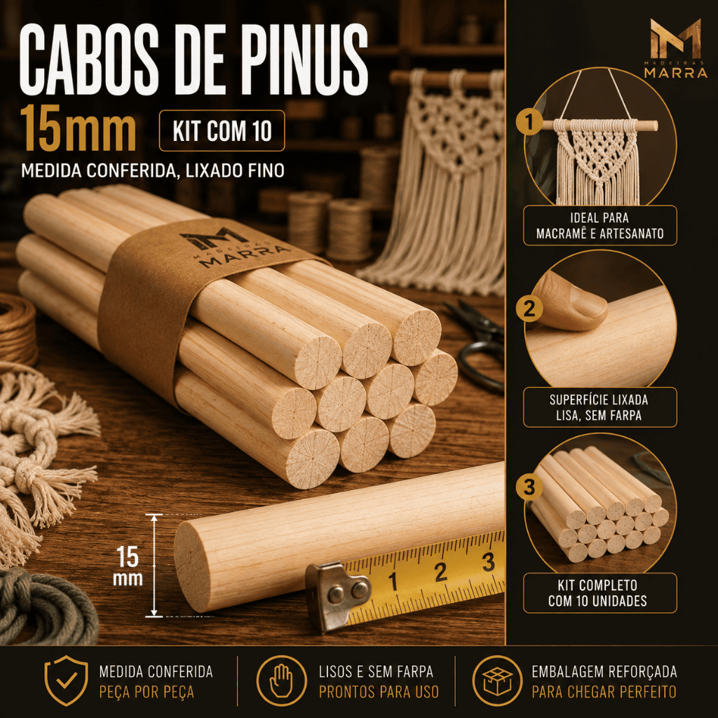 Kit 10 Pinus Para Artesanato 15mm Vareta de Madeira Macramê Banner Bastão Roliço Até 1,20 m