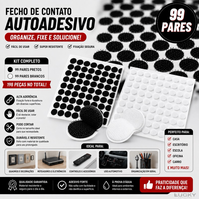 99 Pares Velcro Adesivo Redondo 1cm Fecho de Contato para Artesanato e Papelaria
