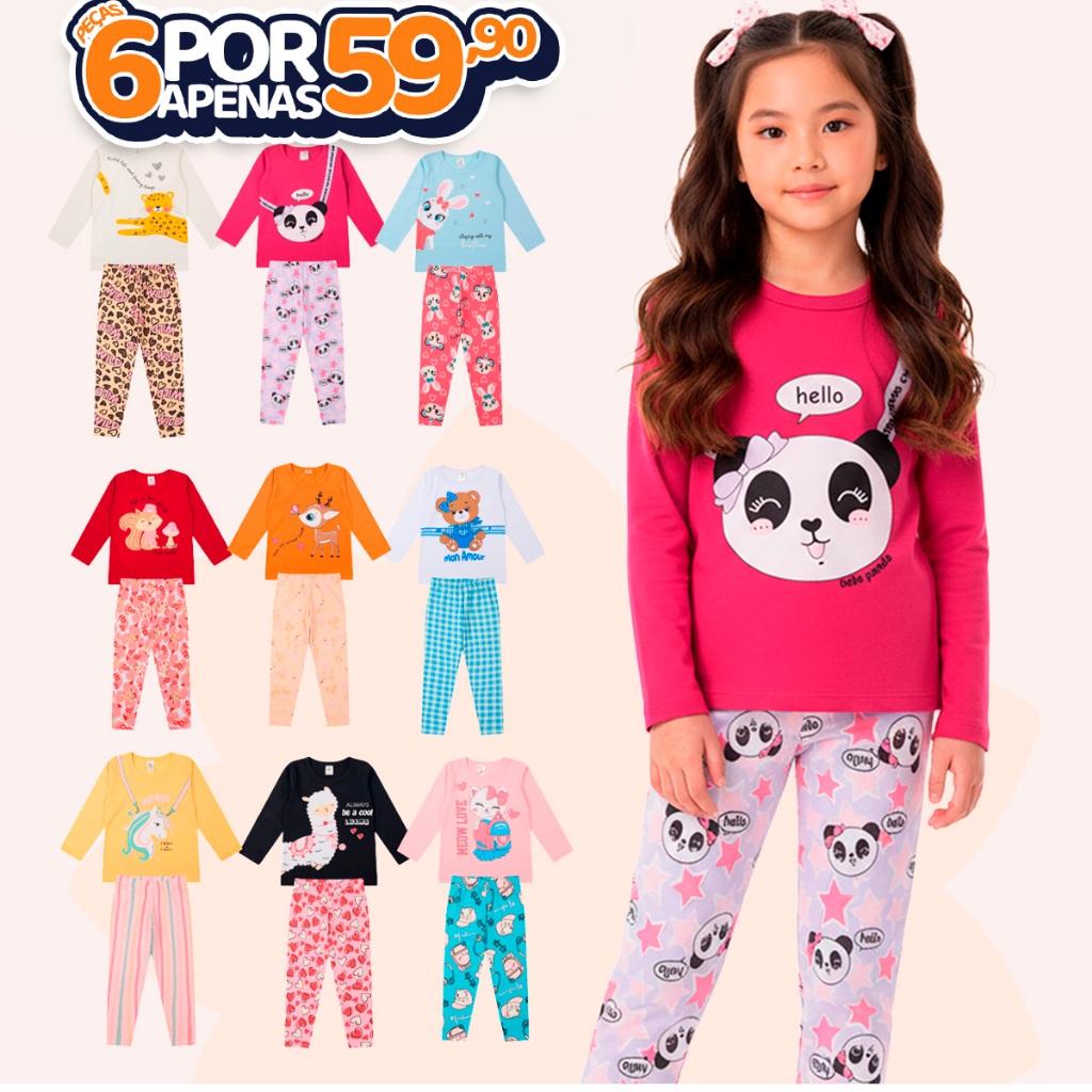 Kit Sortido 6 Peças de Roupas Feminino Infantil Inverno e meia estação – 3 camisas manga longa + 3 calças legging