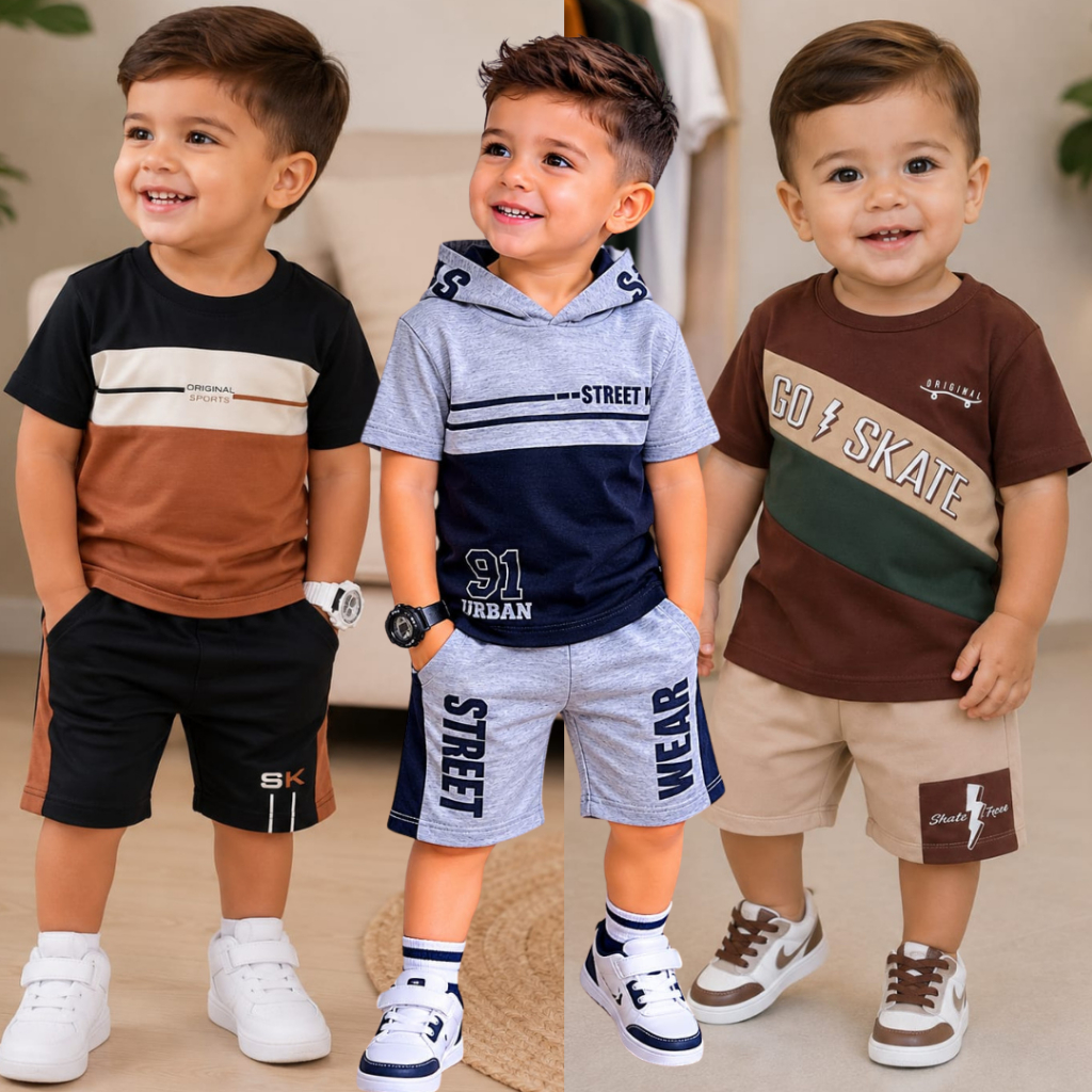Conjunto Infantil Bebê Menino Estiloso Blusa Malha 100% Algodão + Bermuda Moletinho