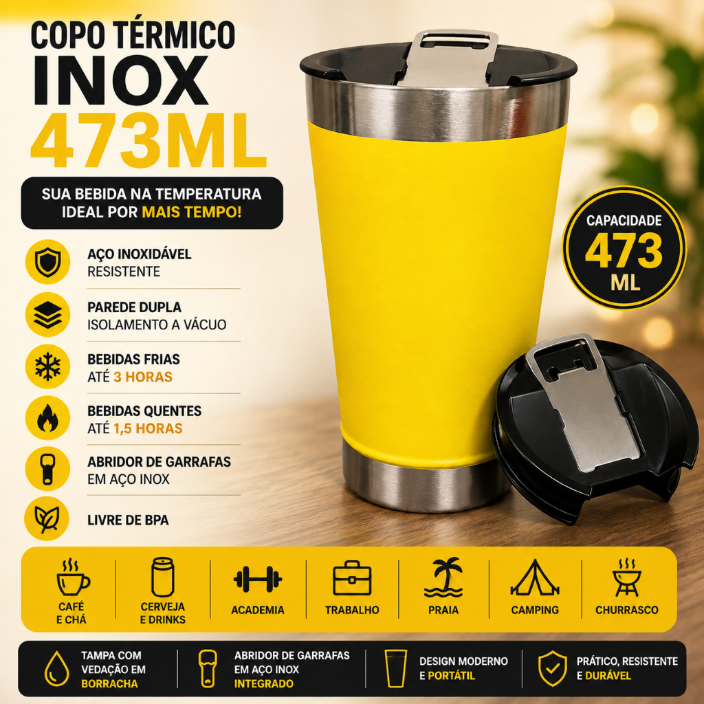 Copo Térmico Inox 473ml com Tampa e Abridor Parede Dupla BPA Free Amarelo