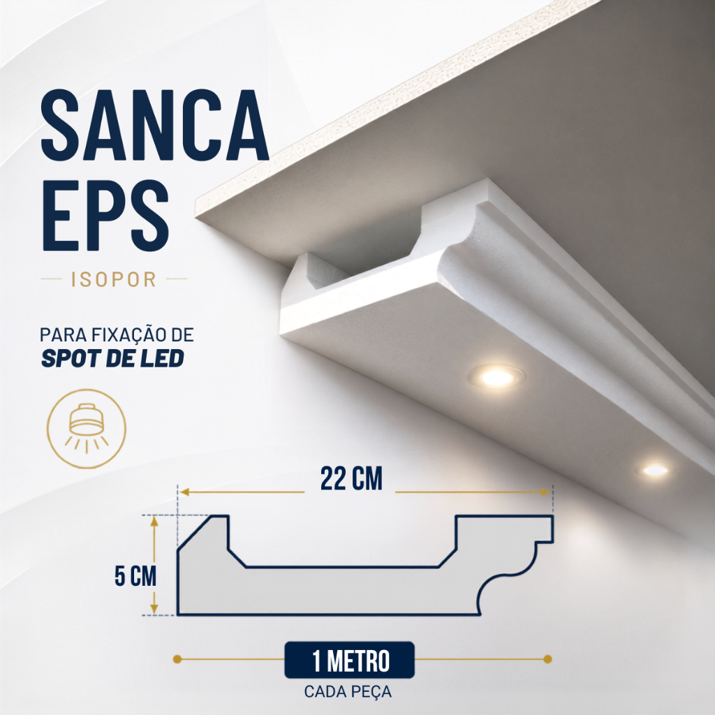 kit de Sanca Colonial 22cm EPS Embutir Spot e Fita de LED isopor rodateto moldura cantoneira Metros